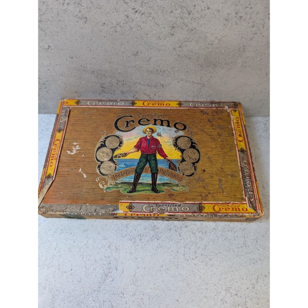 Vtg Certified Cremo Wooden Cigar Box “The Cream of the Tobacco” Litho SC Factory